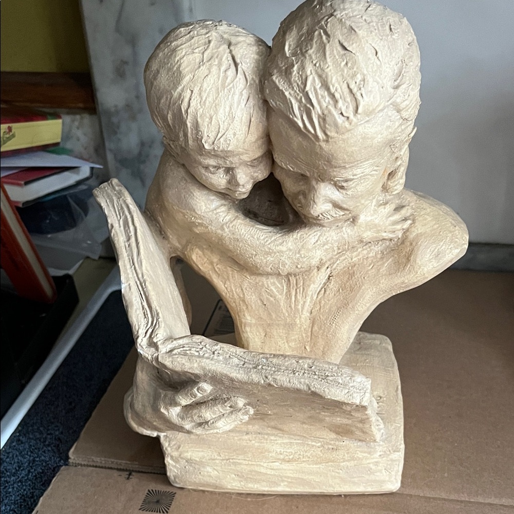 Neutral Beige Grandfather and Child Reading Sculpture - Austin Productions 1990